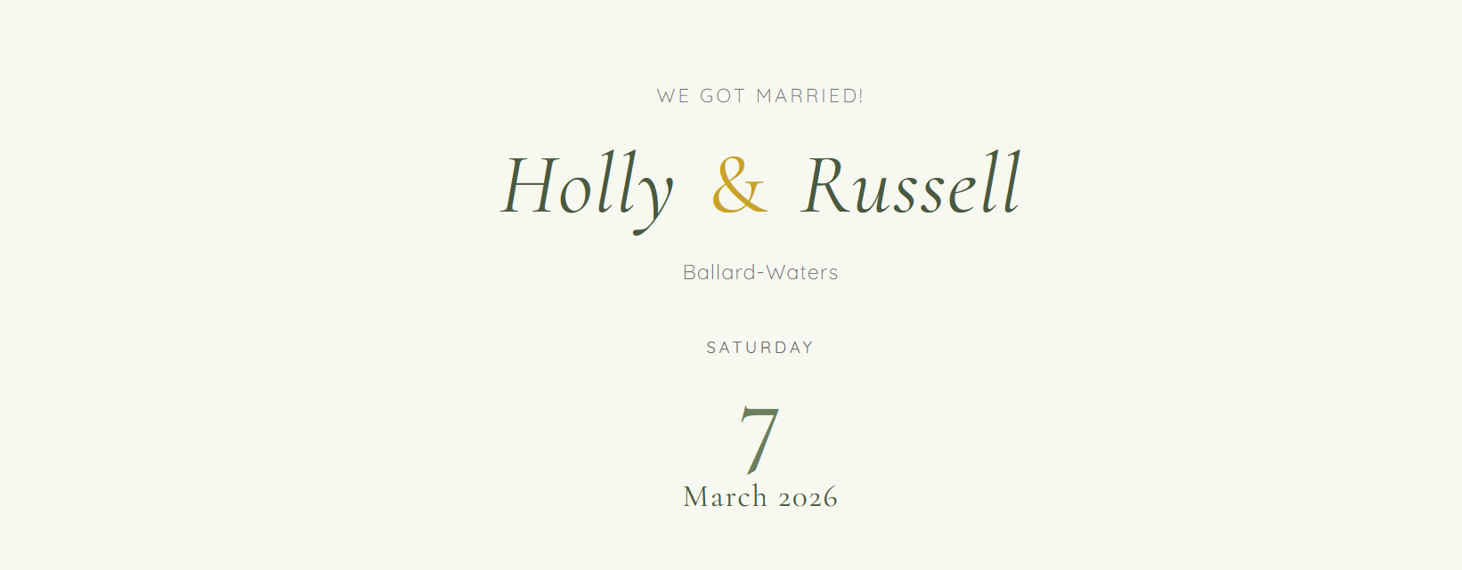 Holly and Russell wedding site, we got married 7 March 2026