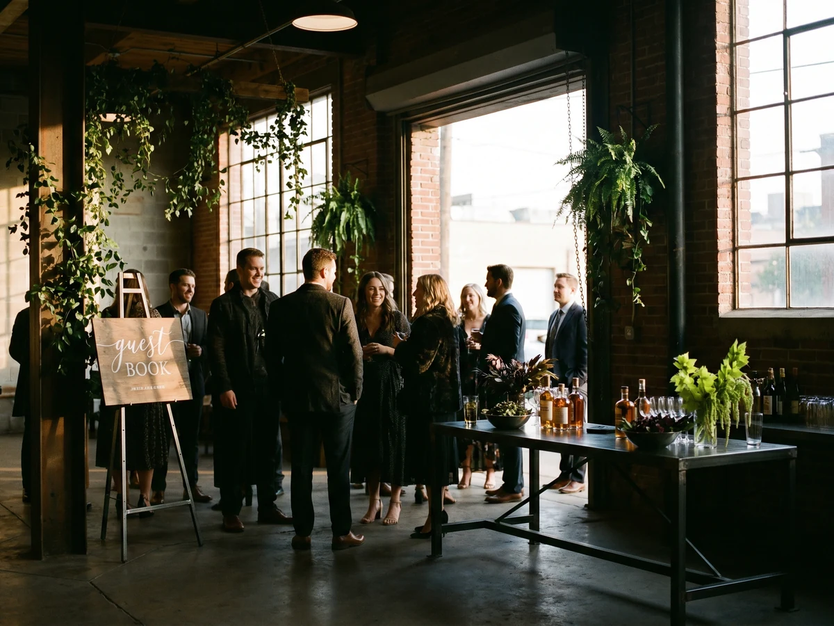 Guests arriving at the warehouse loading dock with welcome drinks