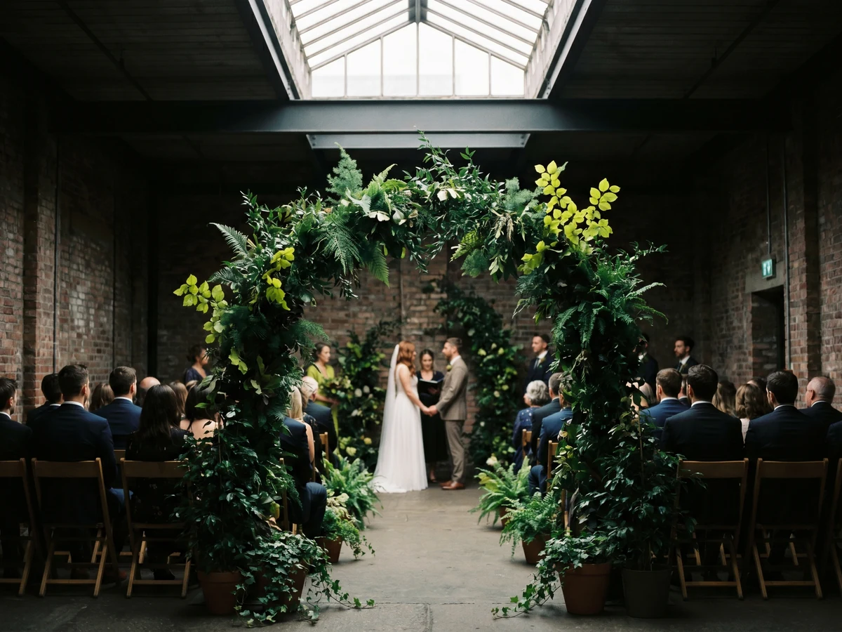A ceremony set up beneath the industrial skylight