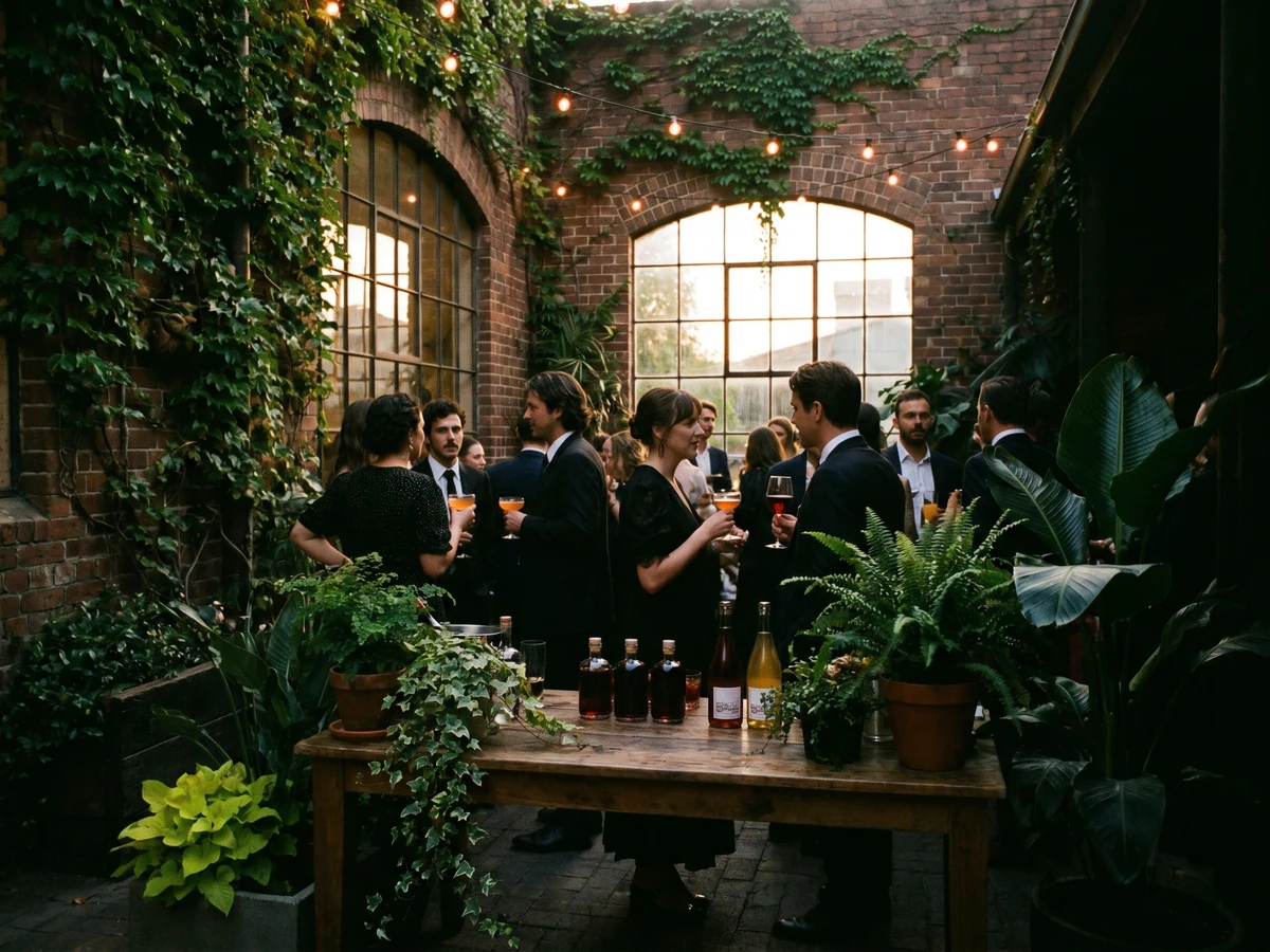 The brick courtyard at golden hour with drinks and greenery