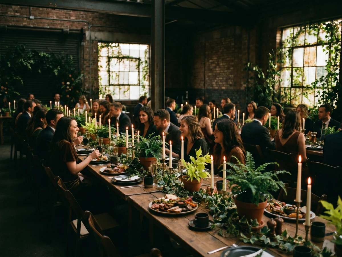 A long candle-lit feasting table down the warehouse