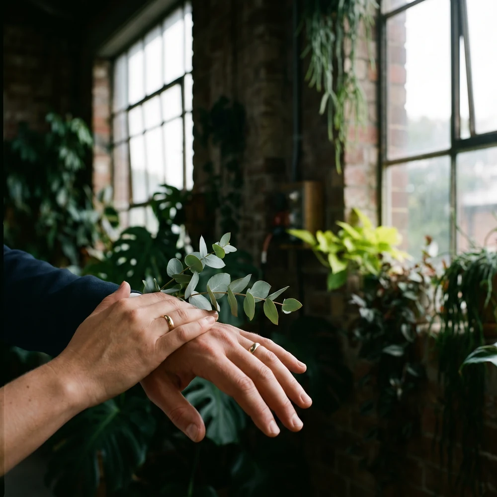 Two hands with simple rings and a sprig of eucalyptus