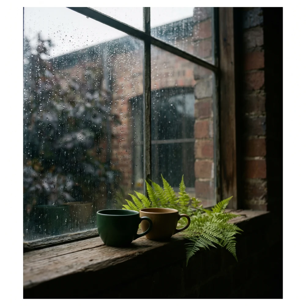 Two coffee cups on a windowsill in the rain