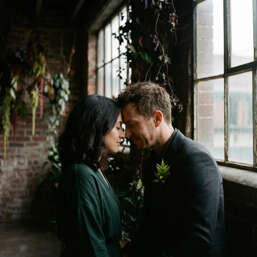 Mia and Jack with foreheads together, soft film grain
