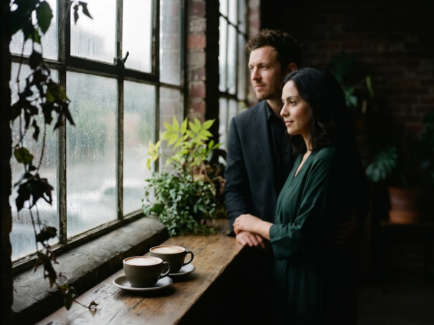Two flat whites on a rainy windowsill the morning Mia and Jack met