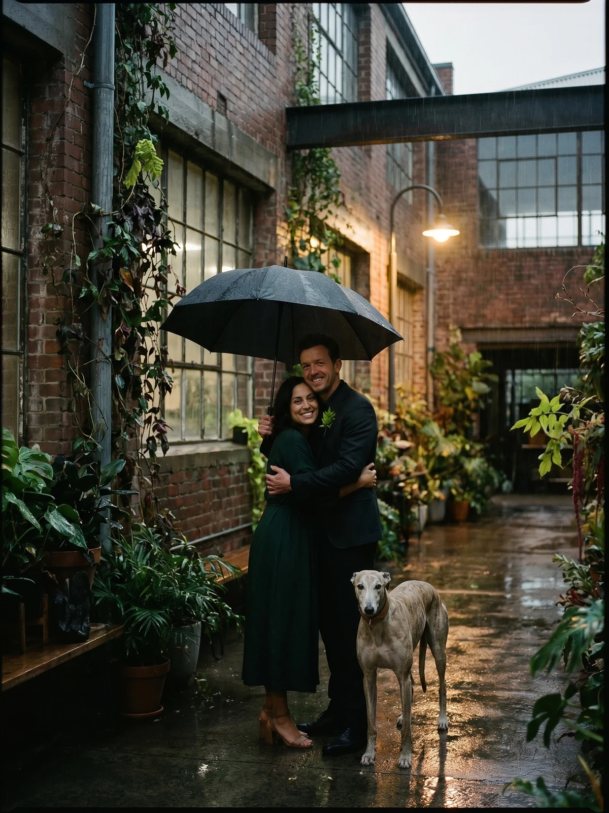 Jack and Mia embracing under an umbrella with Biscuit the greyhound