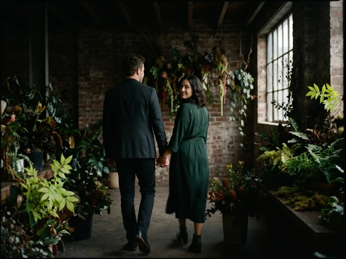 Mia and Jack walking hand in hand through the warehouse