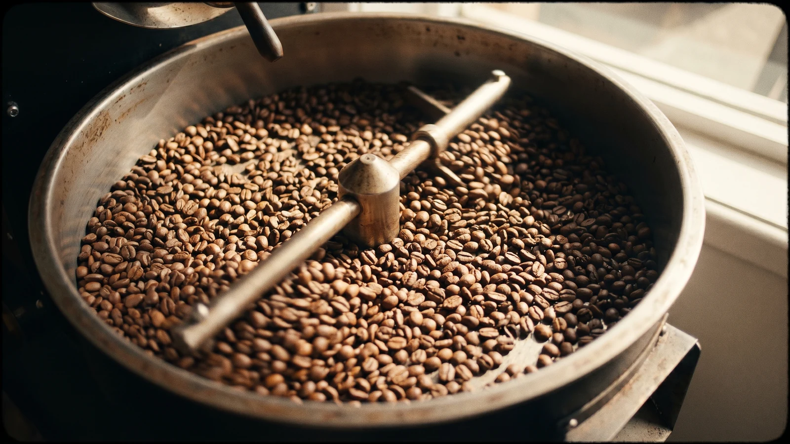 Freshly roasted beans in the cooling tray
