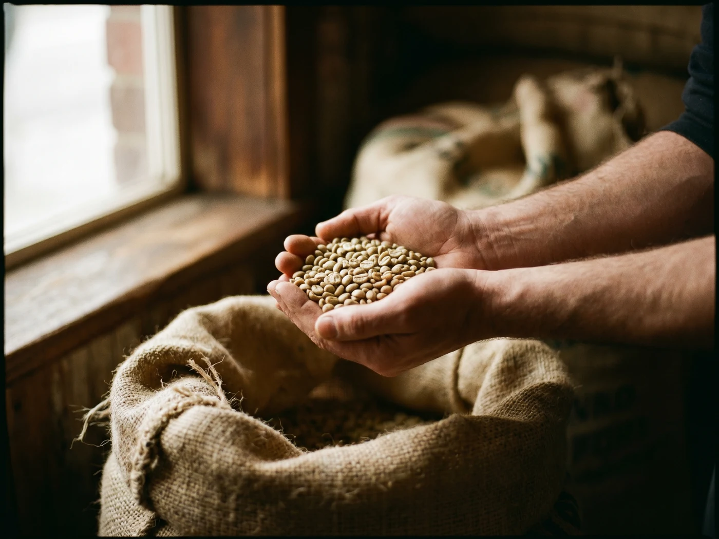 Hands holding green unroasted coffee beans over a hessian sack