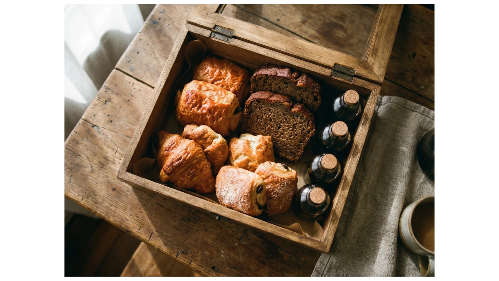 A grazing box of pastries, banana bread and cold-brew bottles