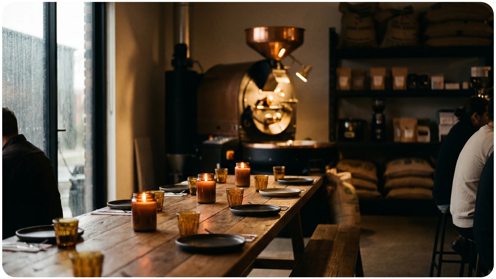 The roastery set with a long candlelit table for a private event