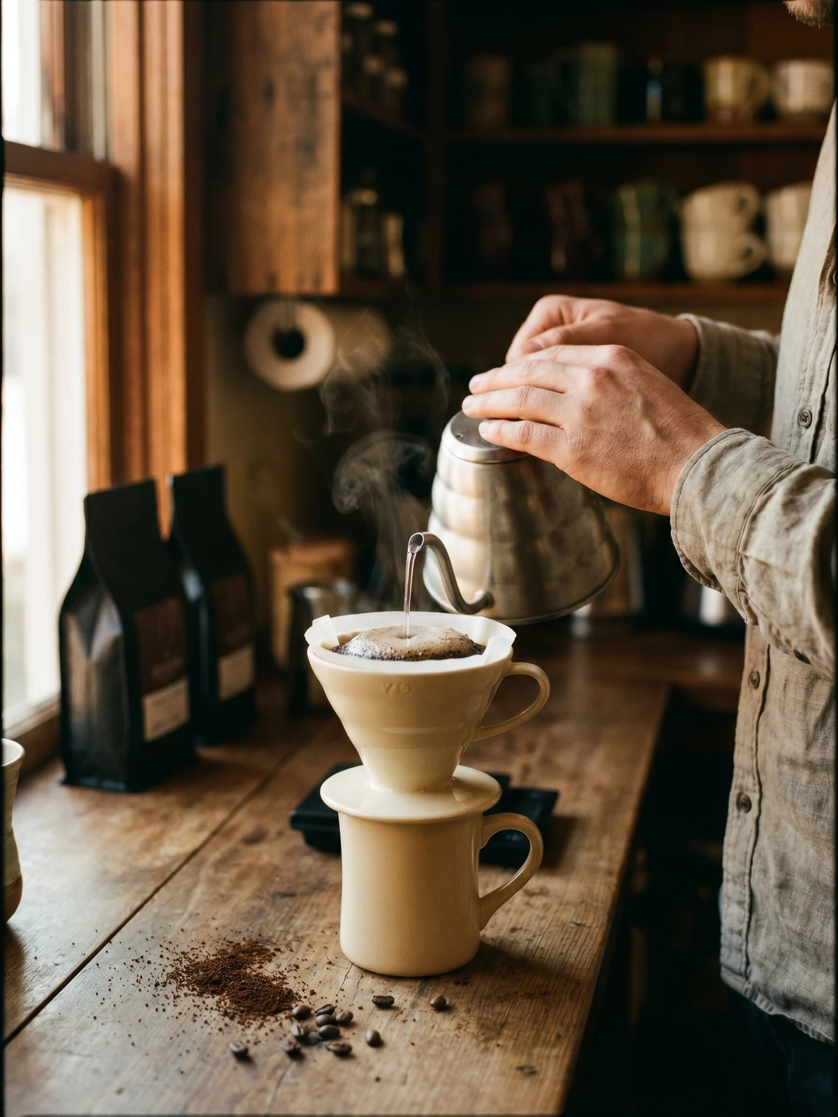A barista making a slow pour-over at the Foredeck bar