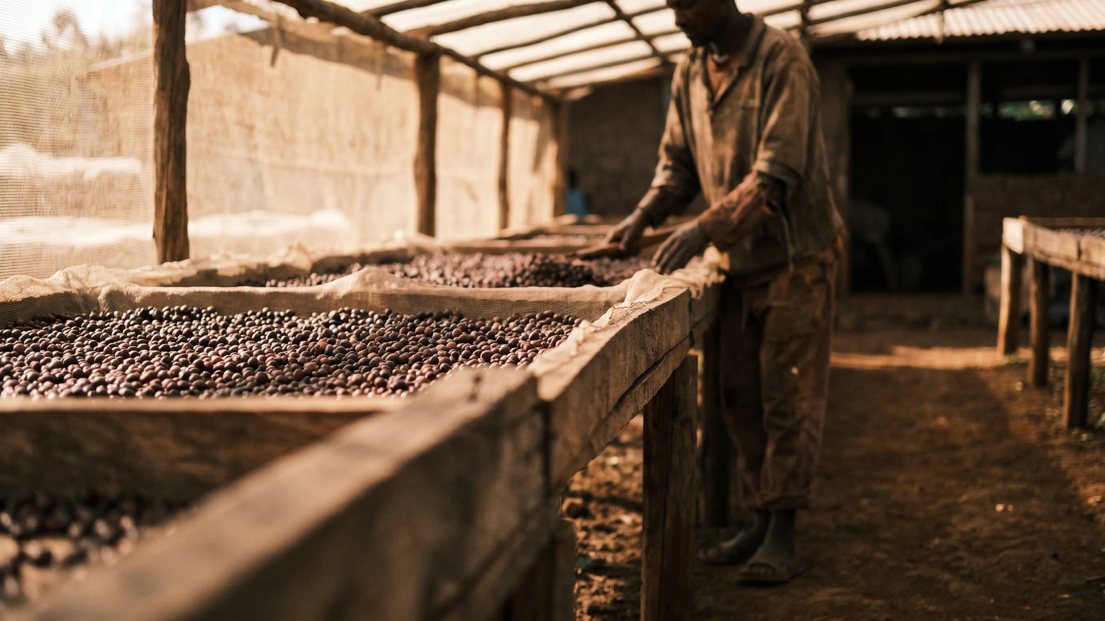 Natural-process coffee drying on raised beds in Guji, Ethiopia