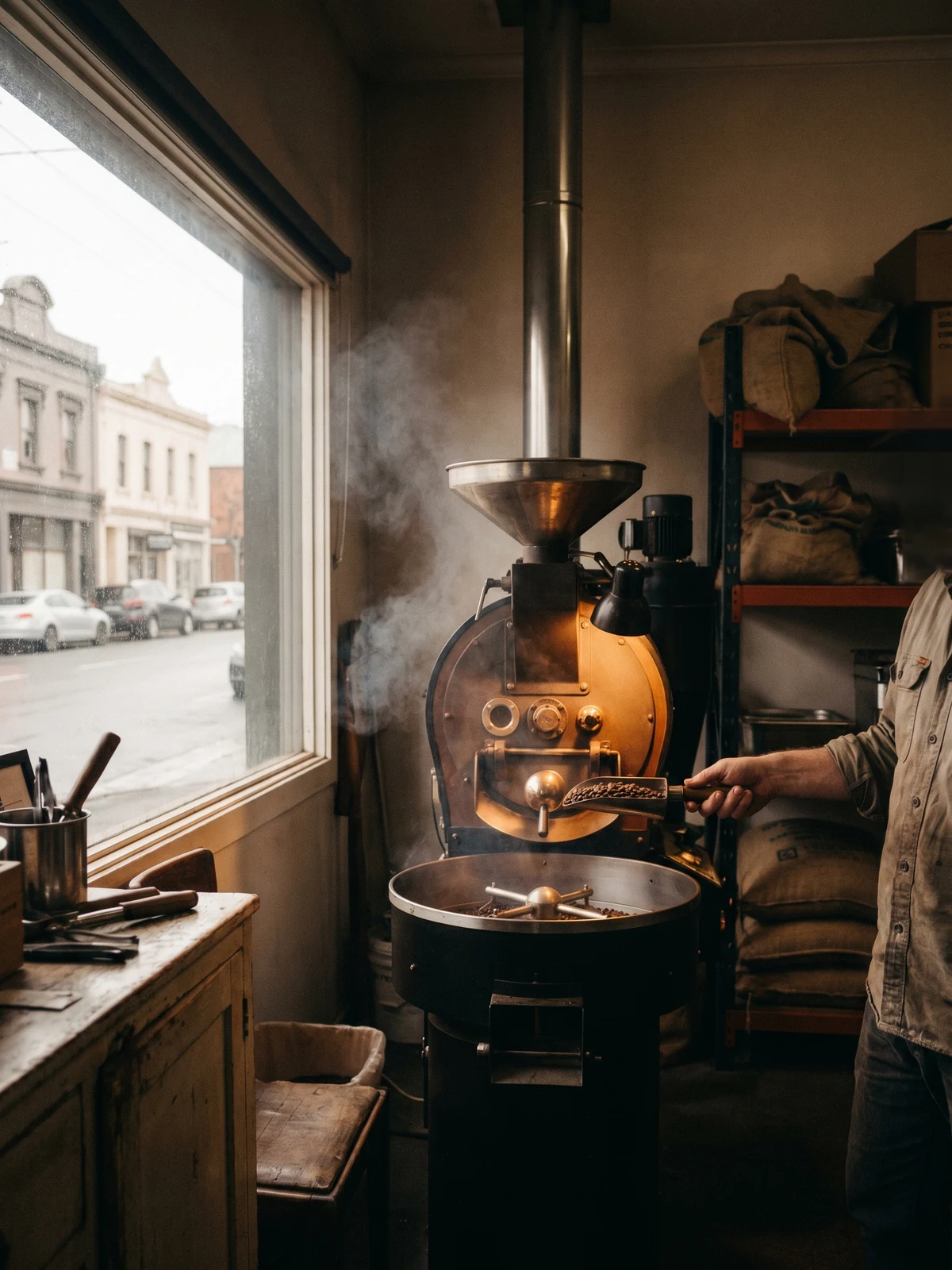The Foredeck drum roaster mid-batch by the street window