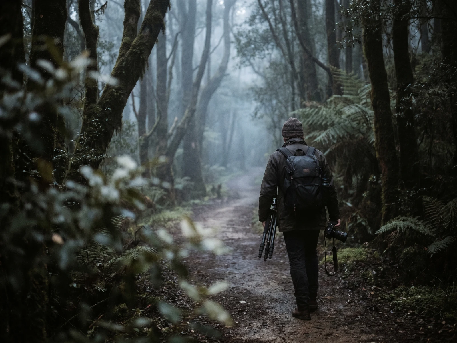 Photographer walking a misty Otways forest track