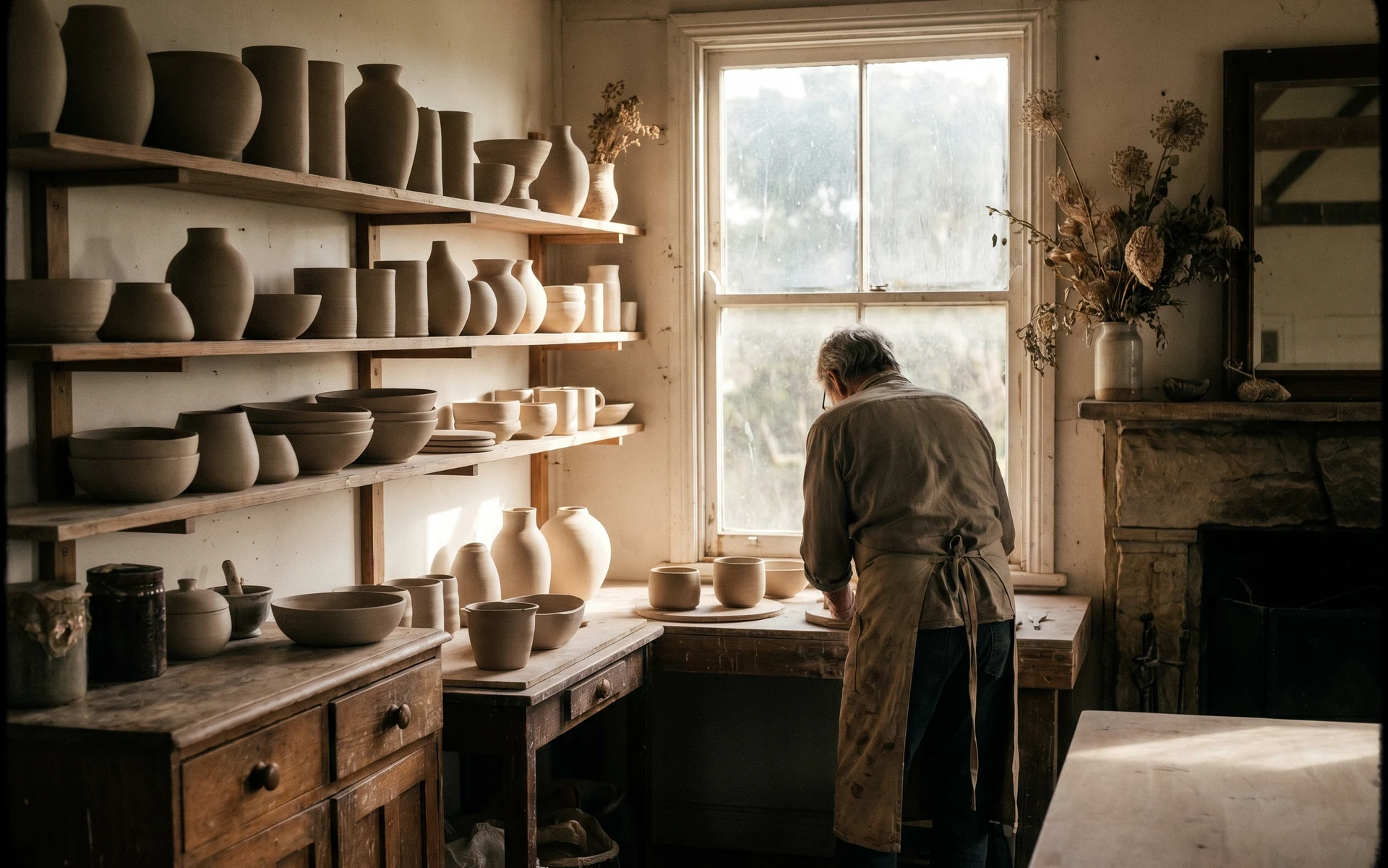 Sunlit ceramics studio with shelves of pottery