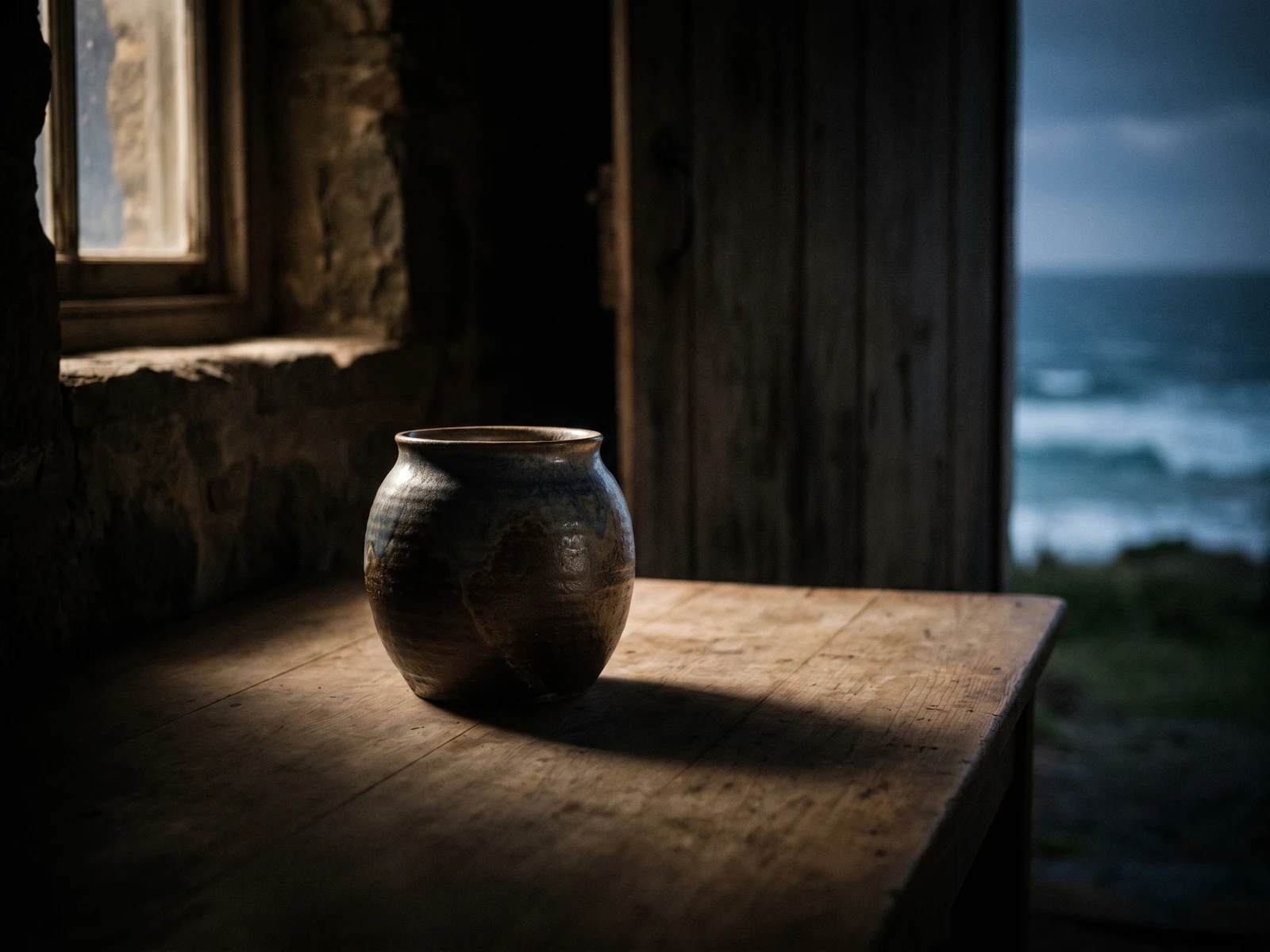 Handmade ceramic vessel in dramatic raking light