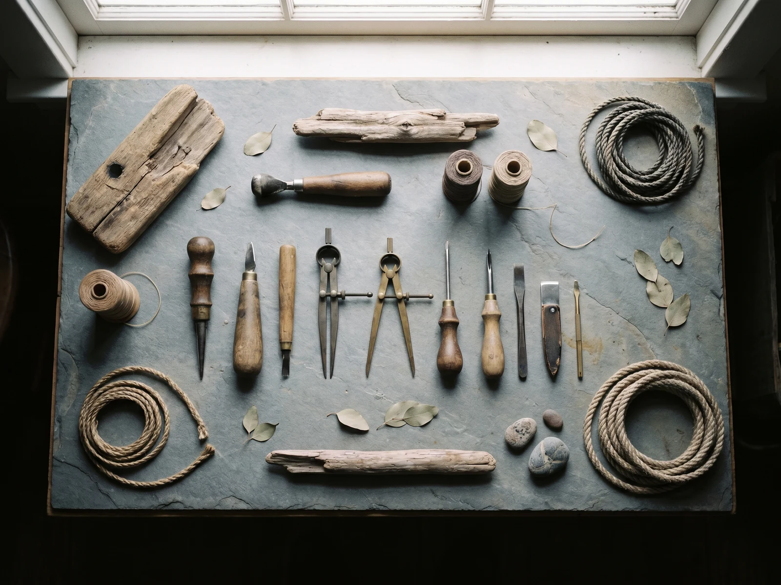 Overhead flat-lay of tools and materials