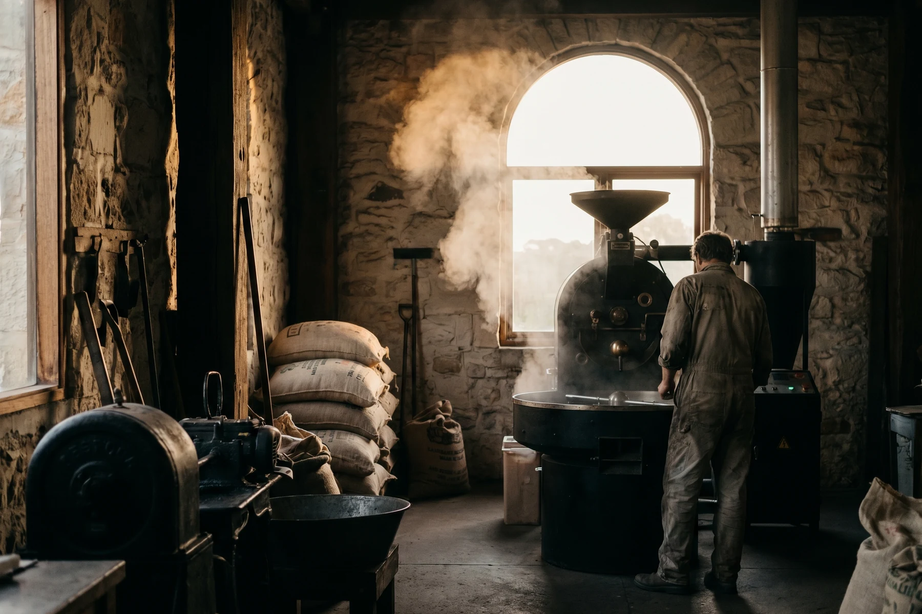 Coffee roastery with steam in warm light
