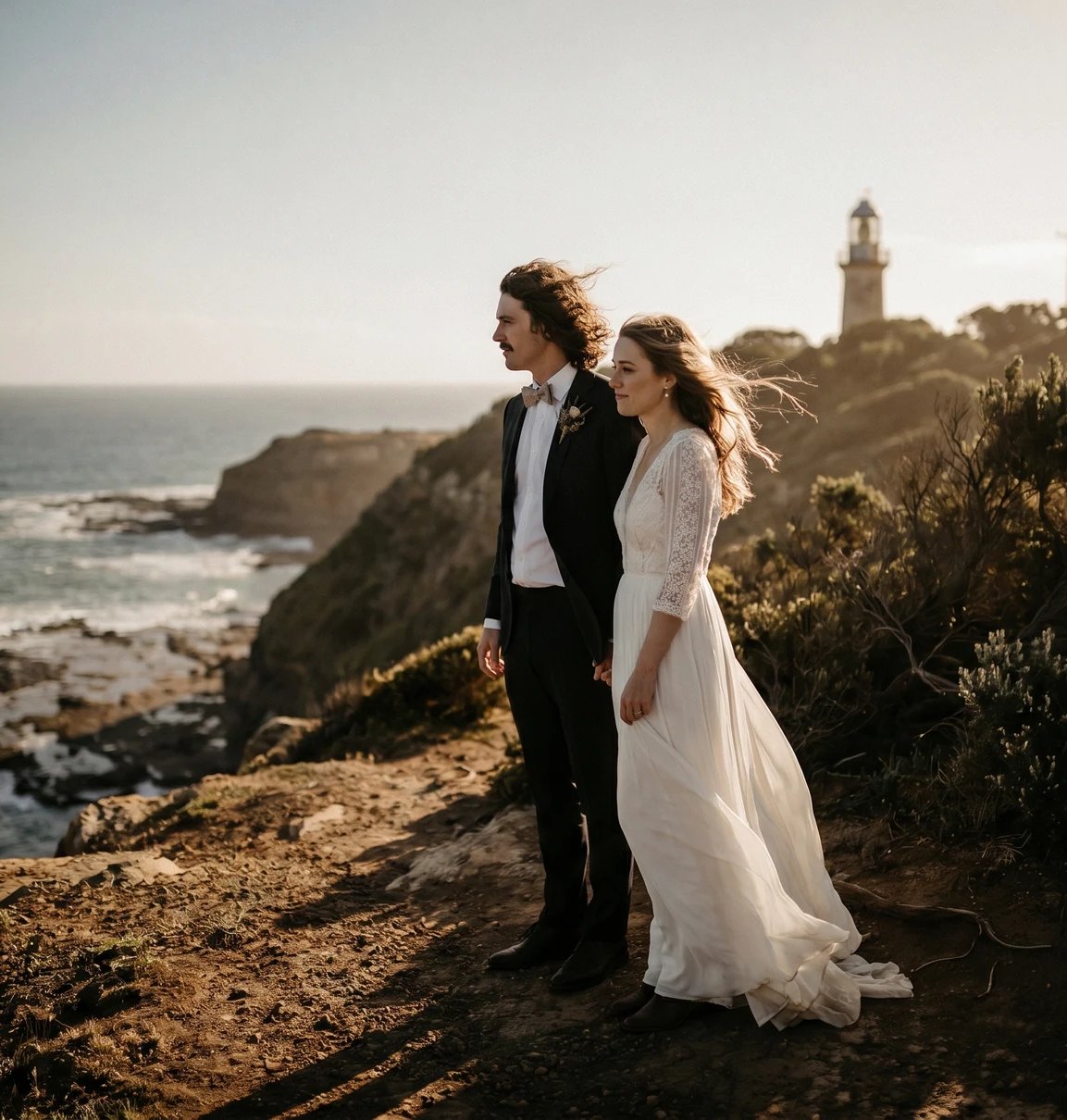 Mara and Tom at their clifftop wedding near Lorne at golden hour