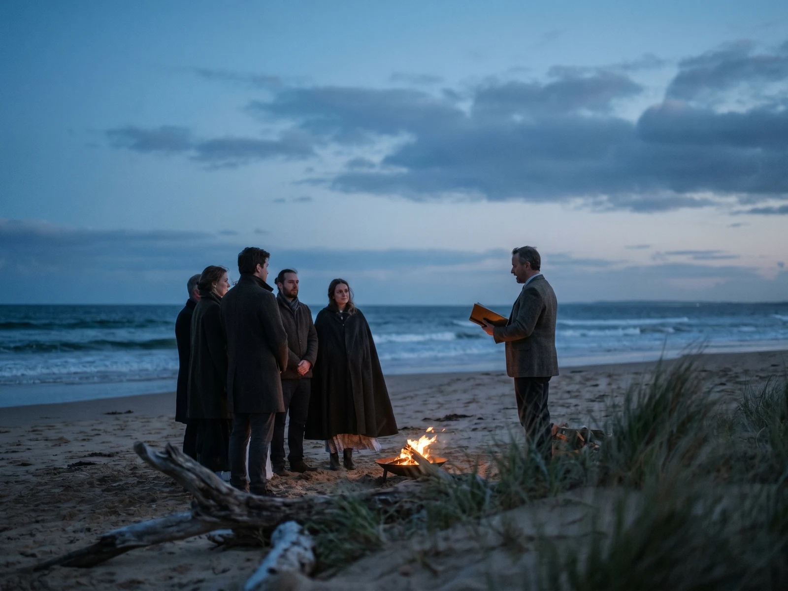 Coastal blue-hour ceremony scene