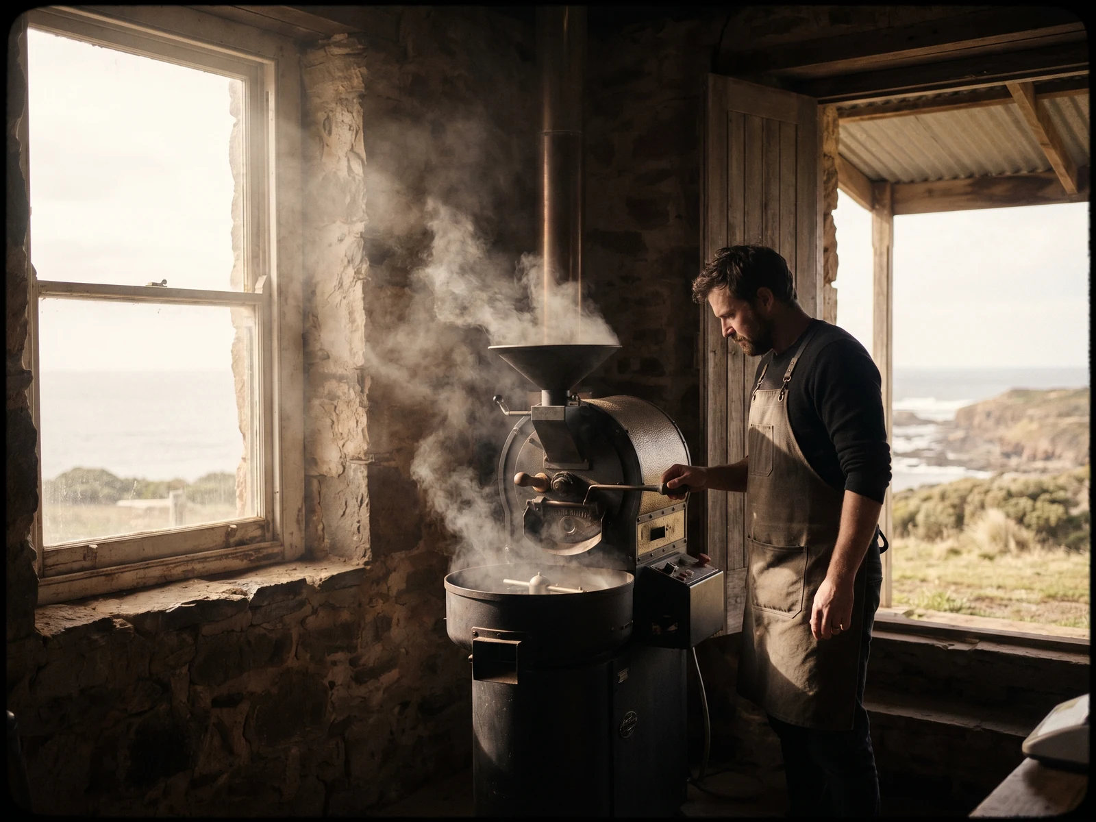 Coffee roaster at work in warm light