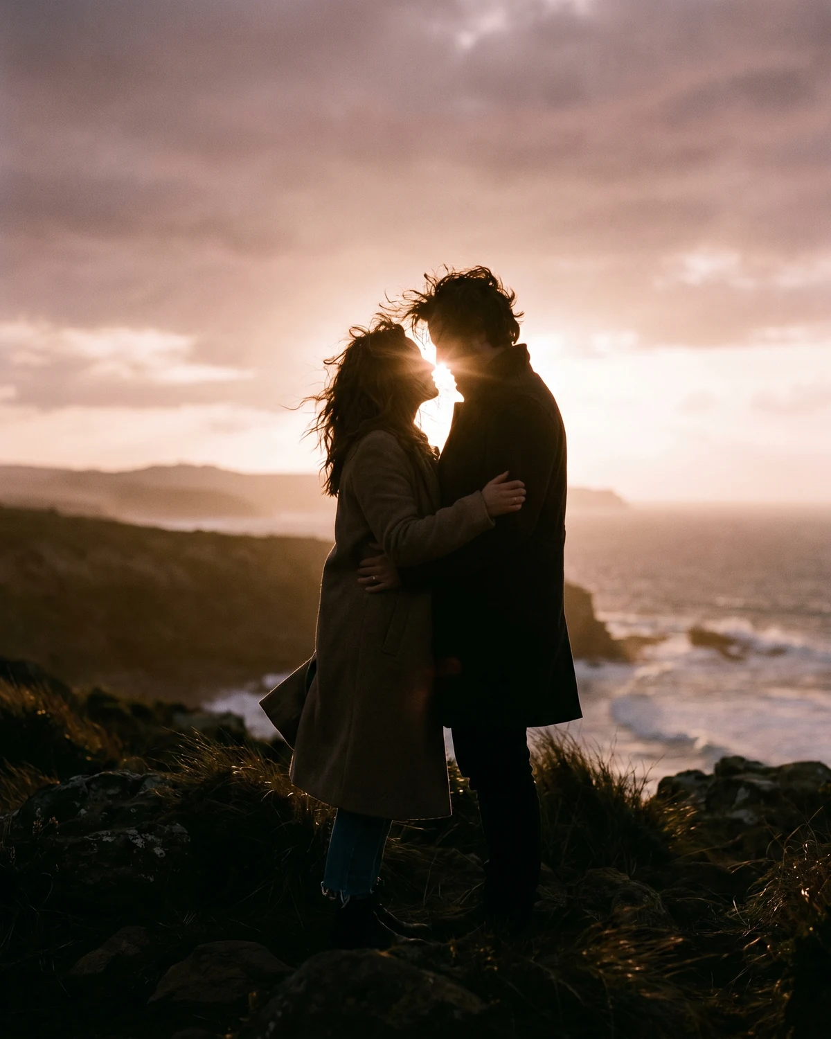Backlit couple with sun flare