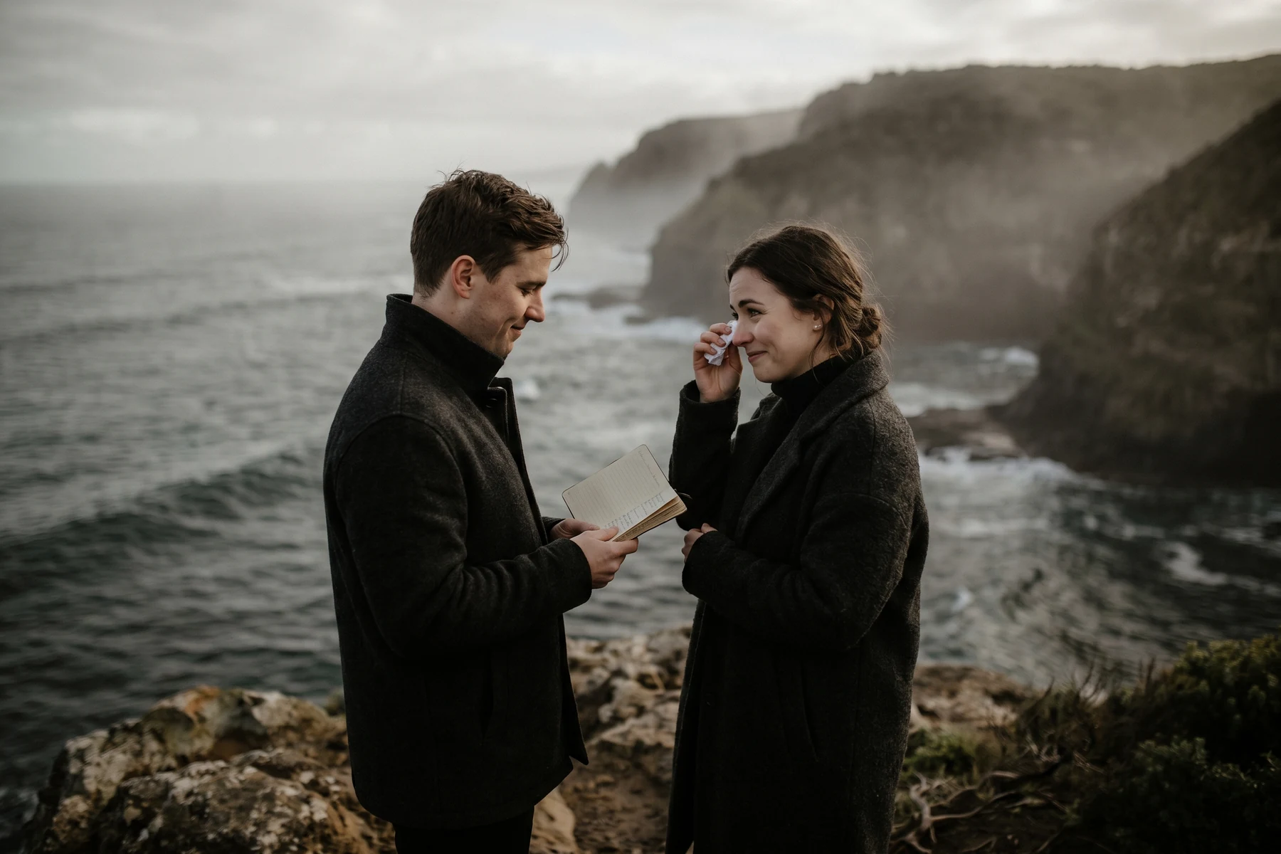 Reading vows in soft natural light