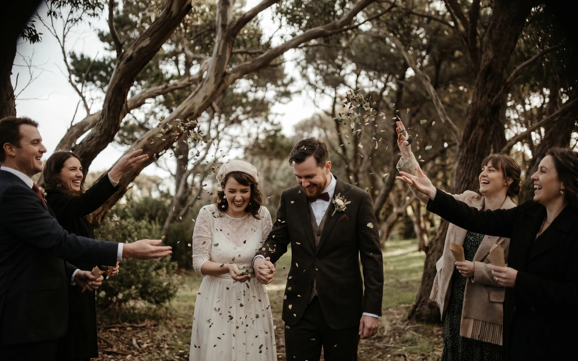 Confetti toss in the Otway gardens