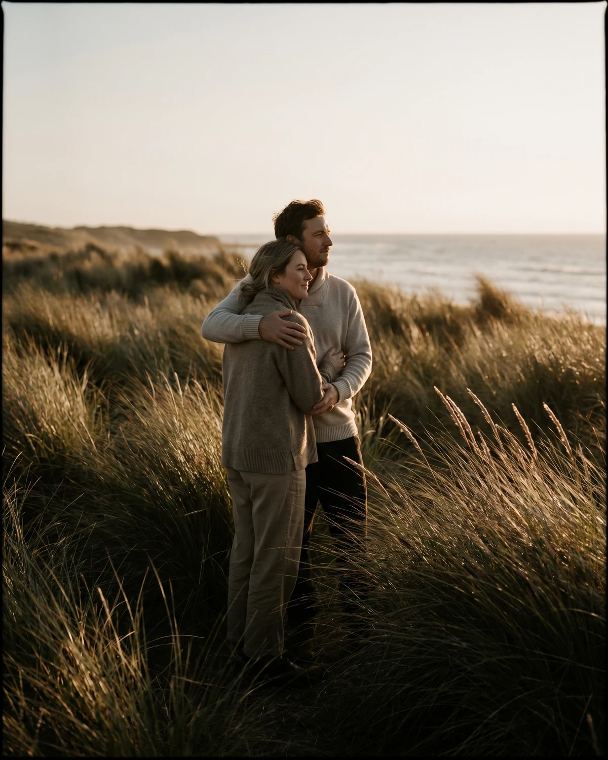 Couple portrait in tall grass at golden hour