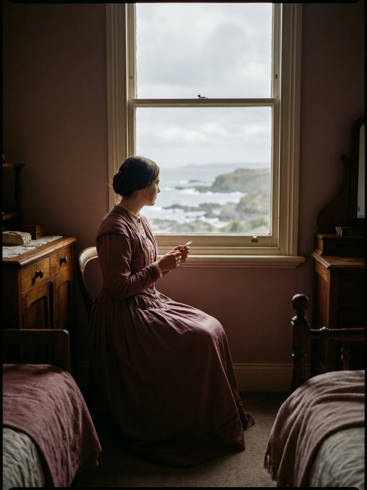 Quiet getting-ready moment by a window