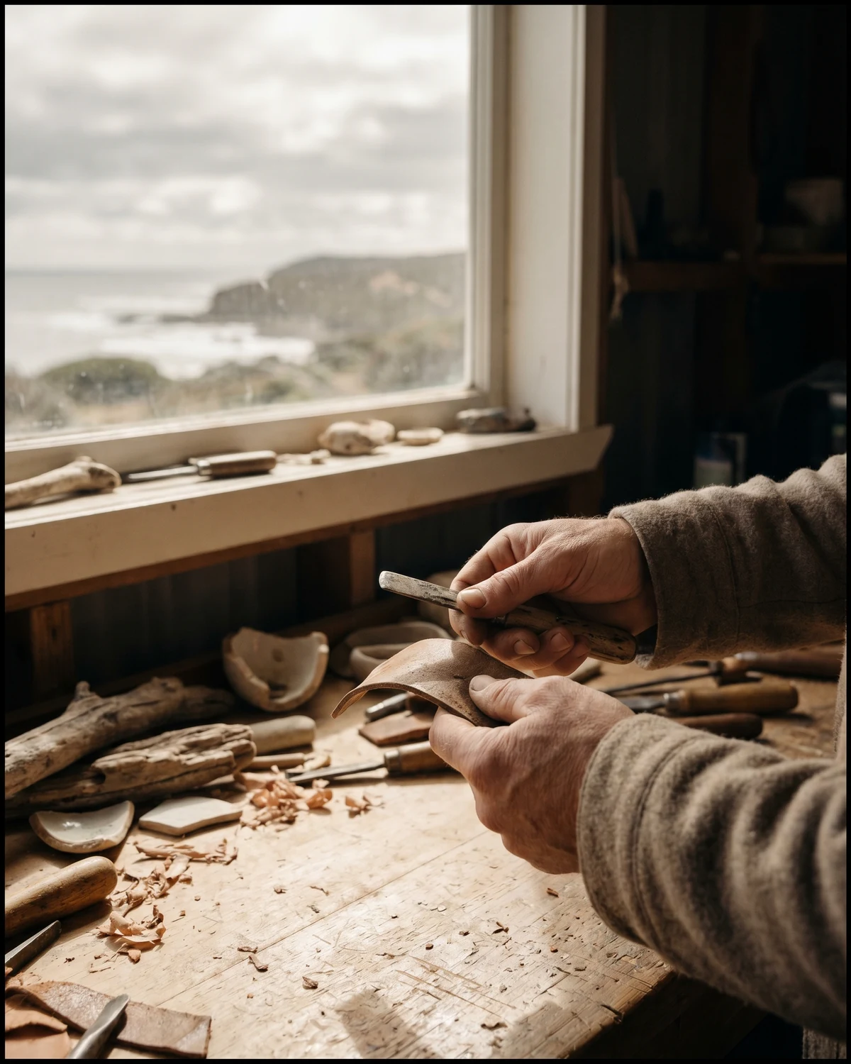 Maker’s hands at a sunlit workbench