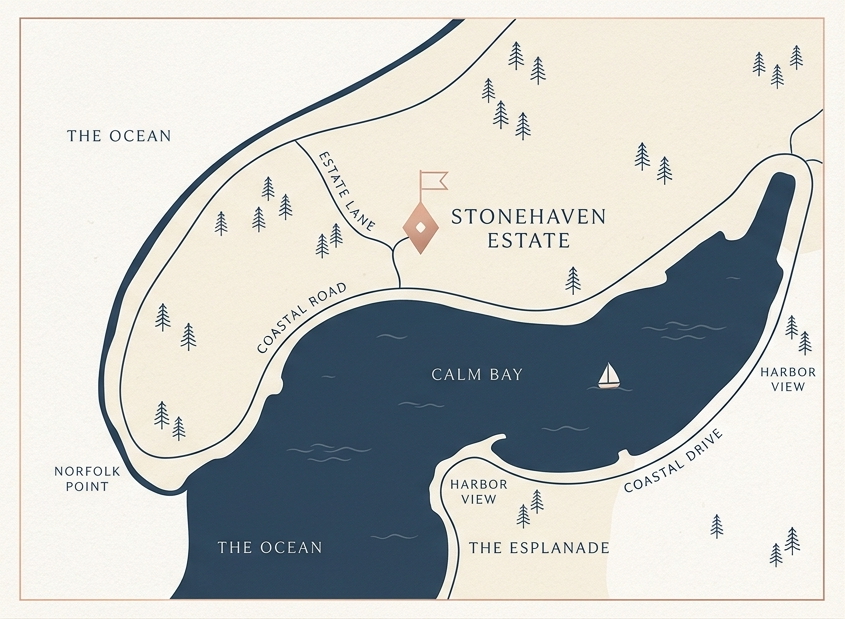 Illustrated map showing Stonehaven Estate above Calm Bay, with Estate Lane, Coastal Road and Coastal Drive