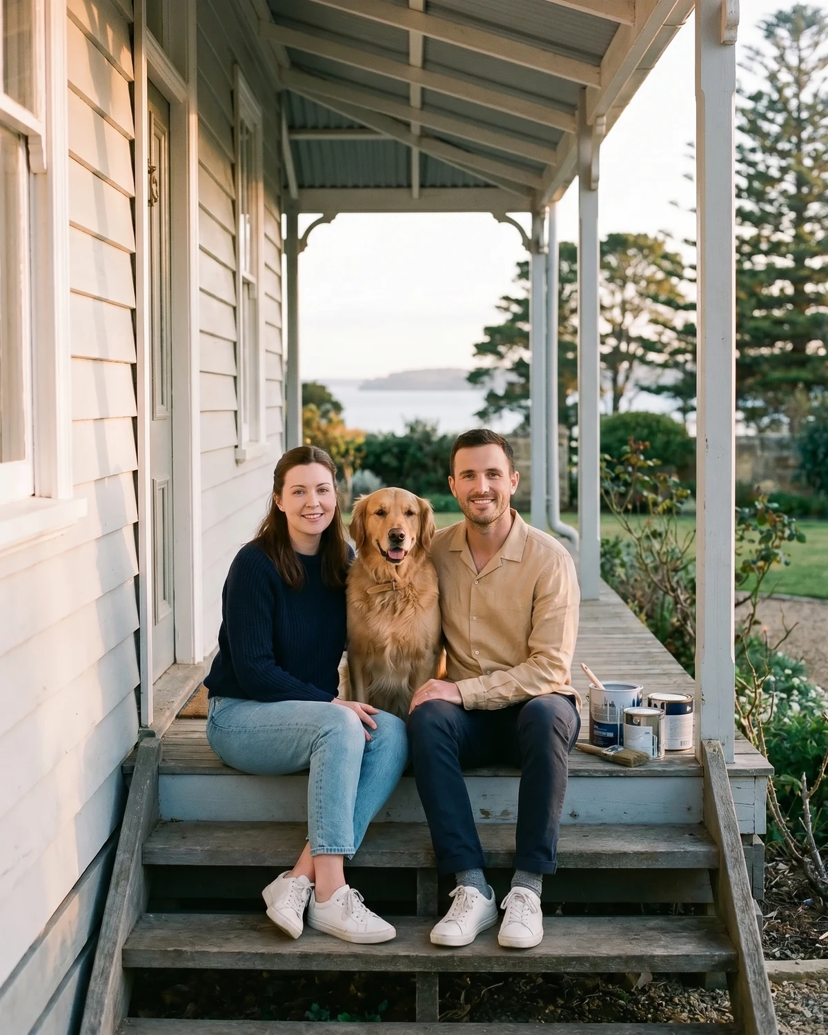 A first home near the bay with a golden retriever