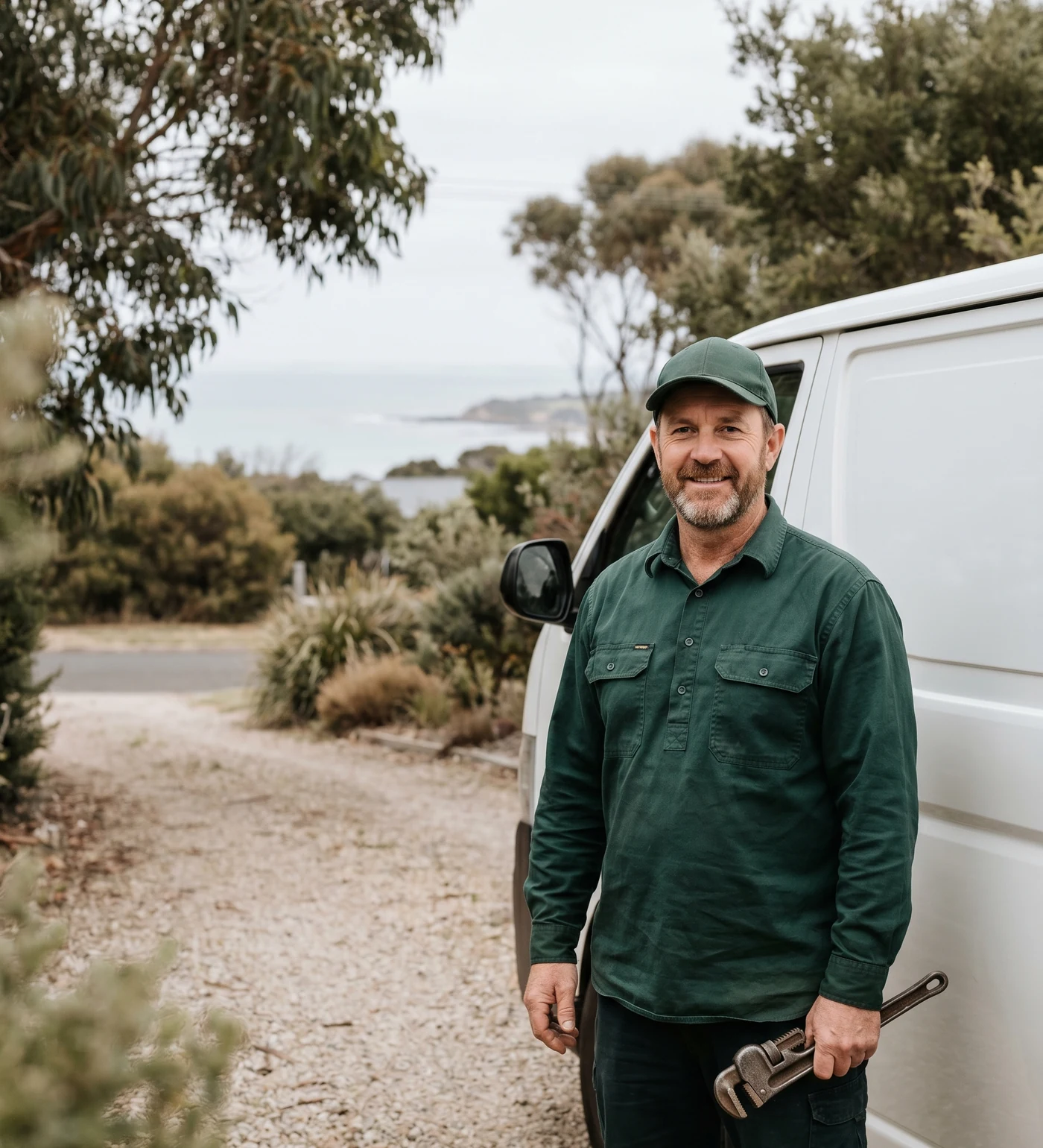 Local Bellarine plumber in green uniform standing beside his work van, coastline behind