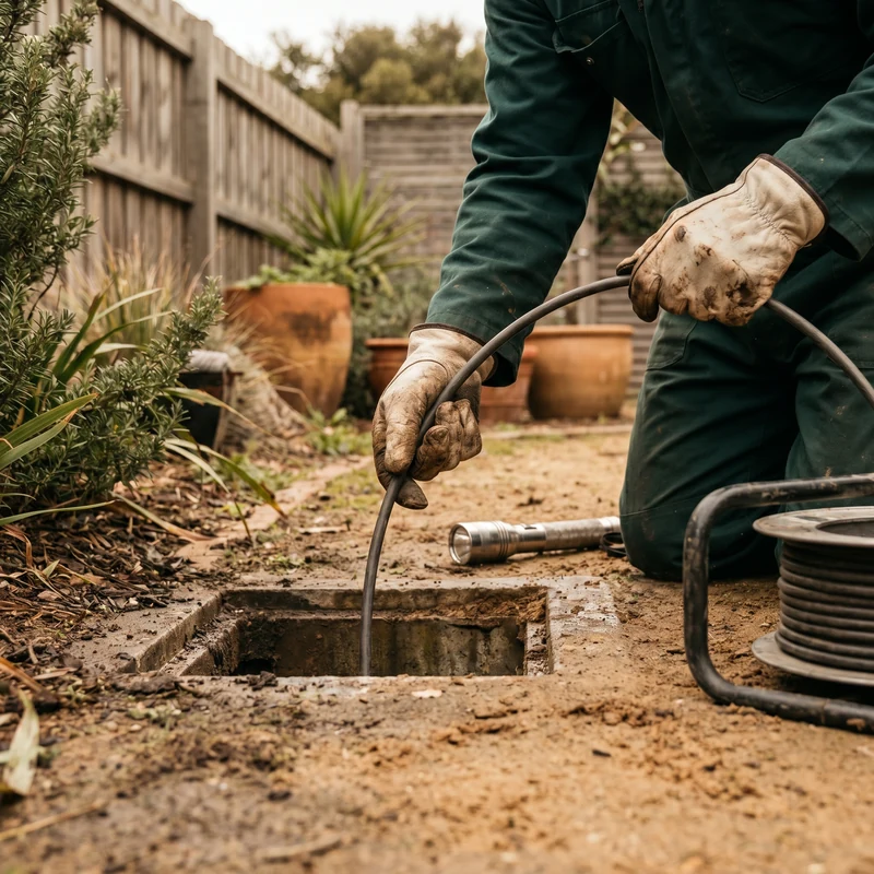 Plumber clearing a blocked outdoor drain with a camera and rods