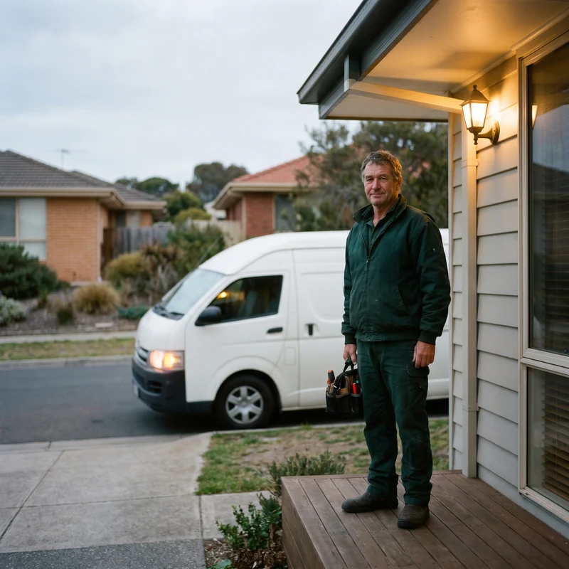 Plumber arriving at a home at dusk with the work van lights on