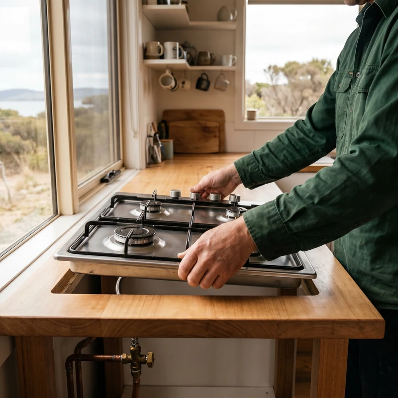 Plumber fitting a stainless gas cooktop into a timber benchtop