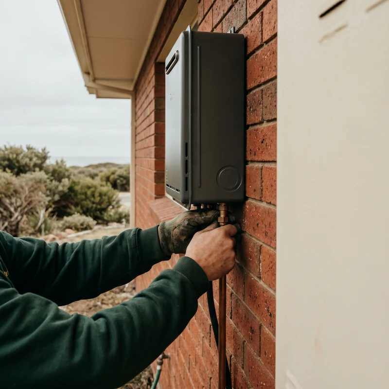 Plumber installing a continuous-flow hot water unit on a brick wall