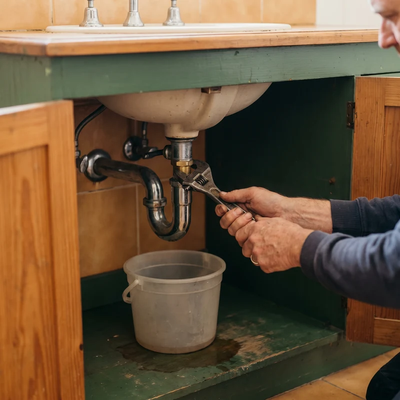 Plumber tightening a pipe joint under a sink with a bucket below