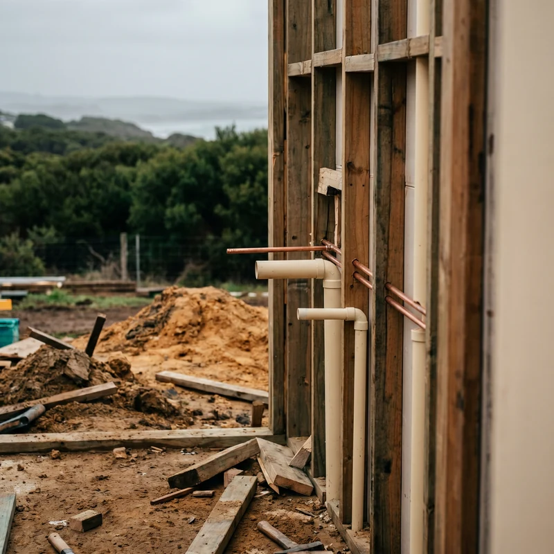 Copper and PVC rough-in plumbing in a new bathroom wall frame