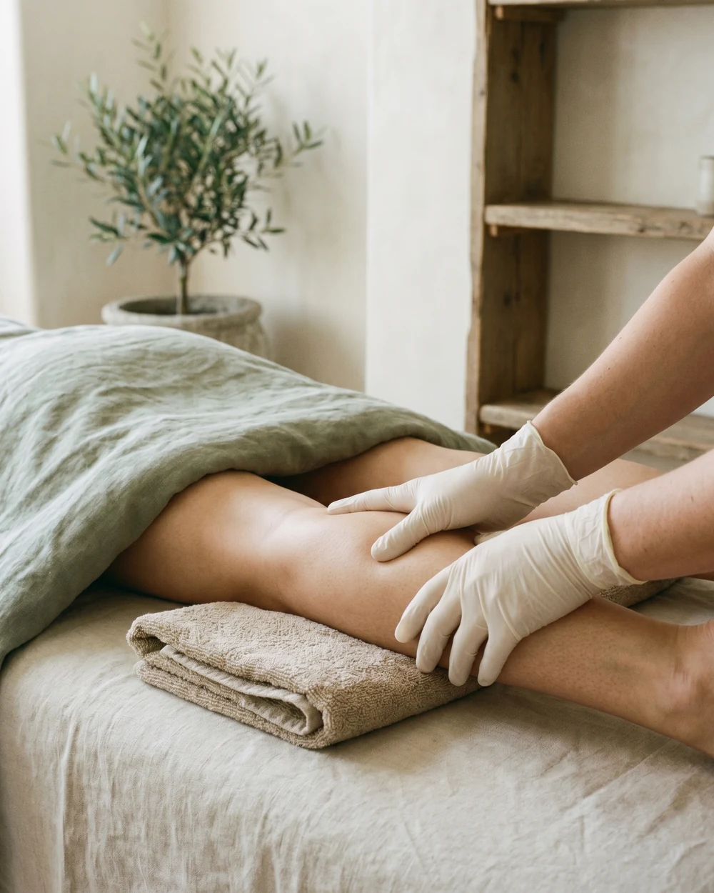 Close-up of a physiotherapist's gloved hands treating a patient's calf on a treatment table