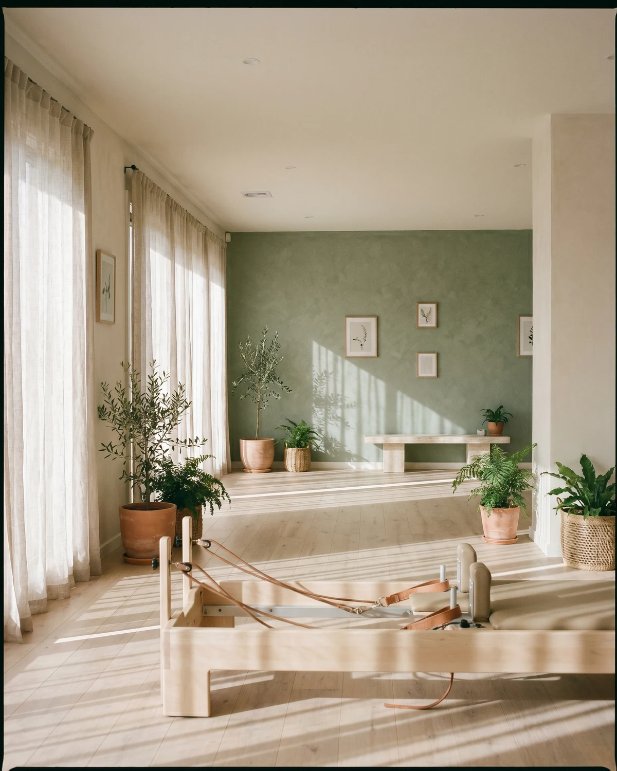 Light-filled physiotherapy and Pilates studio with reformer equipment and pale timber floors