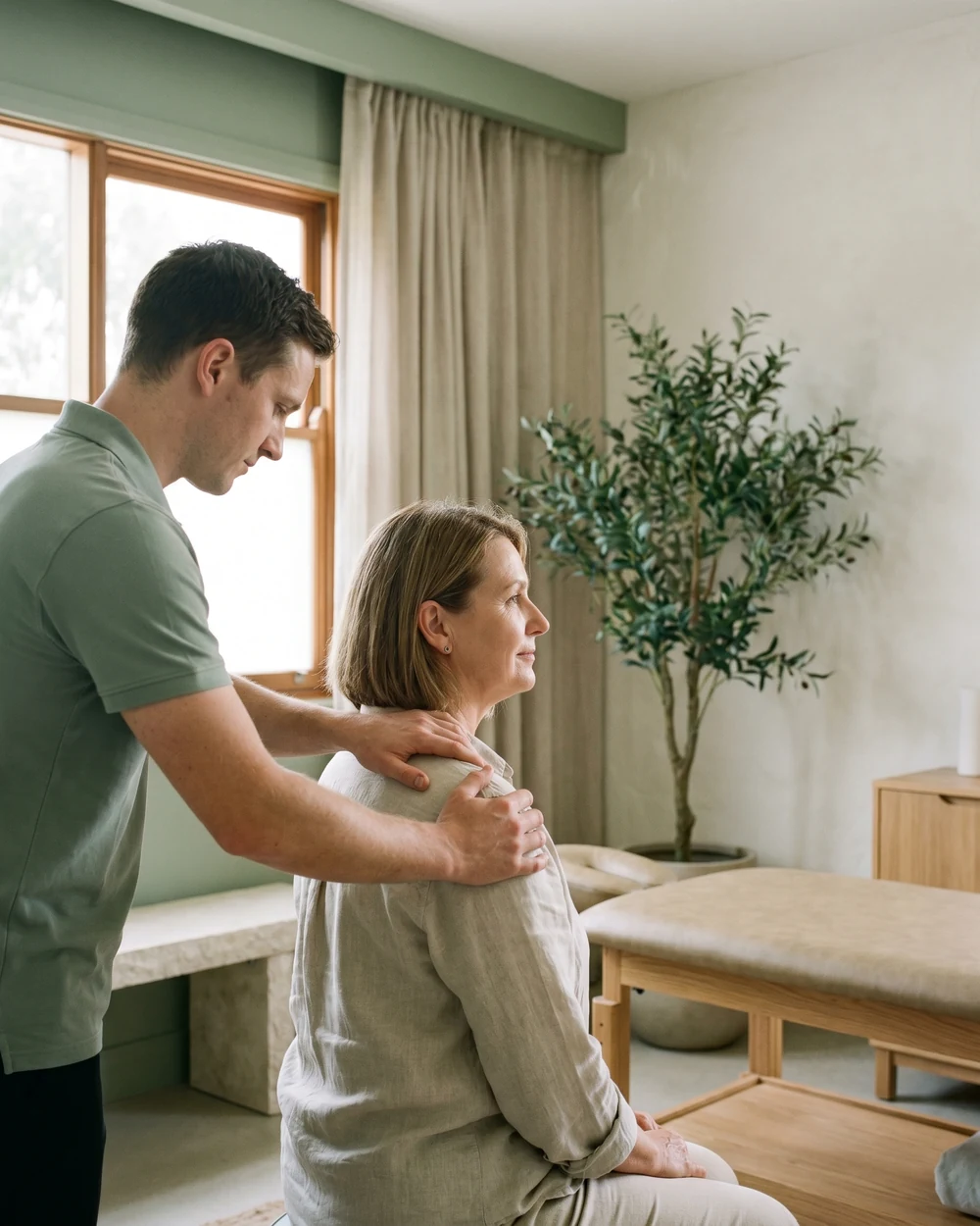 Physiotherapist gently assessing a seated patient's shoulder in a treatment room