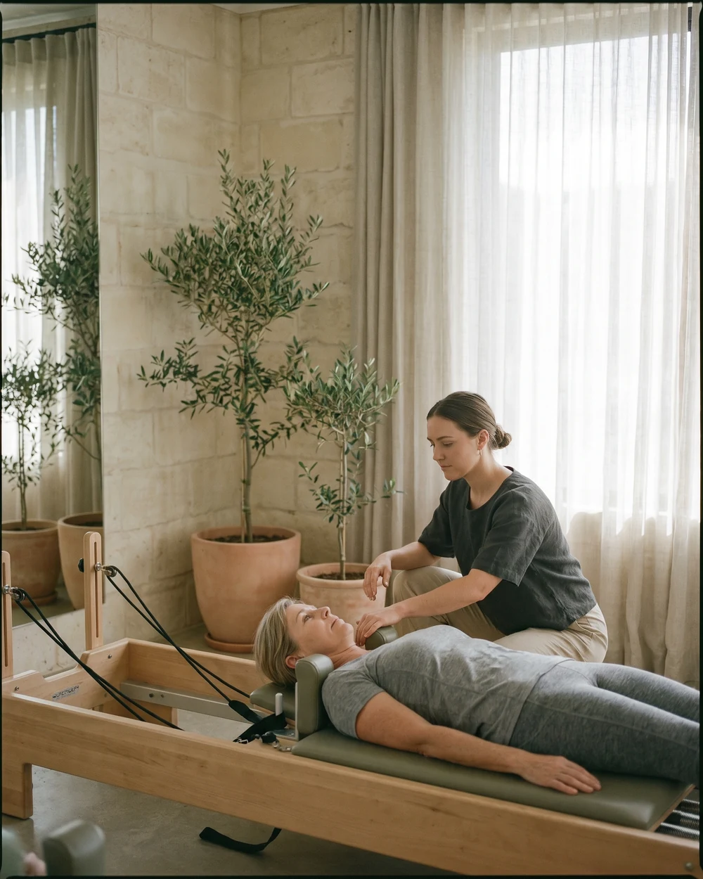 Instructor guiding a client through a reformer Pilates exercise in a sunlit studio