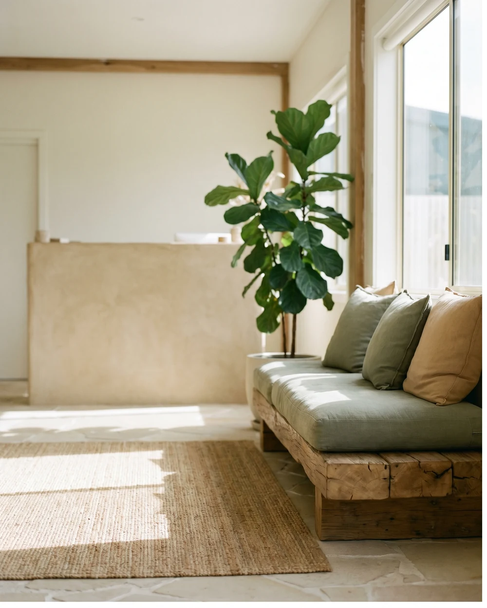 Welcoming clinic reception and waiting area with linen seating and a fiddle-leaf plant