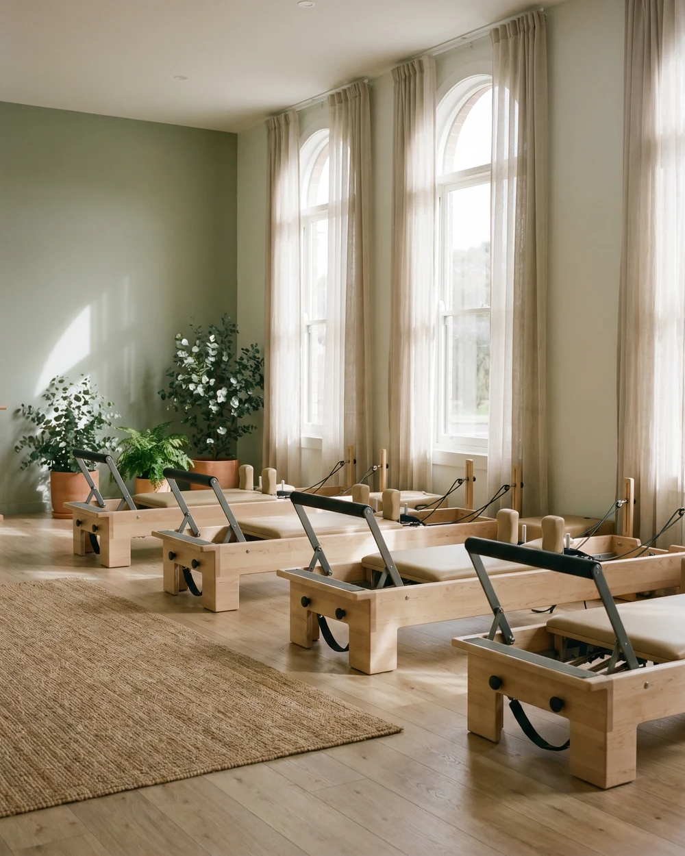 Clinical Pilates studio with a row of reformer machines by tall arched windows
