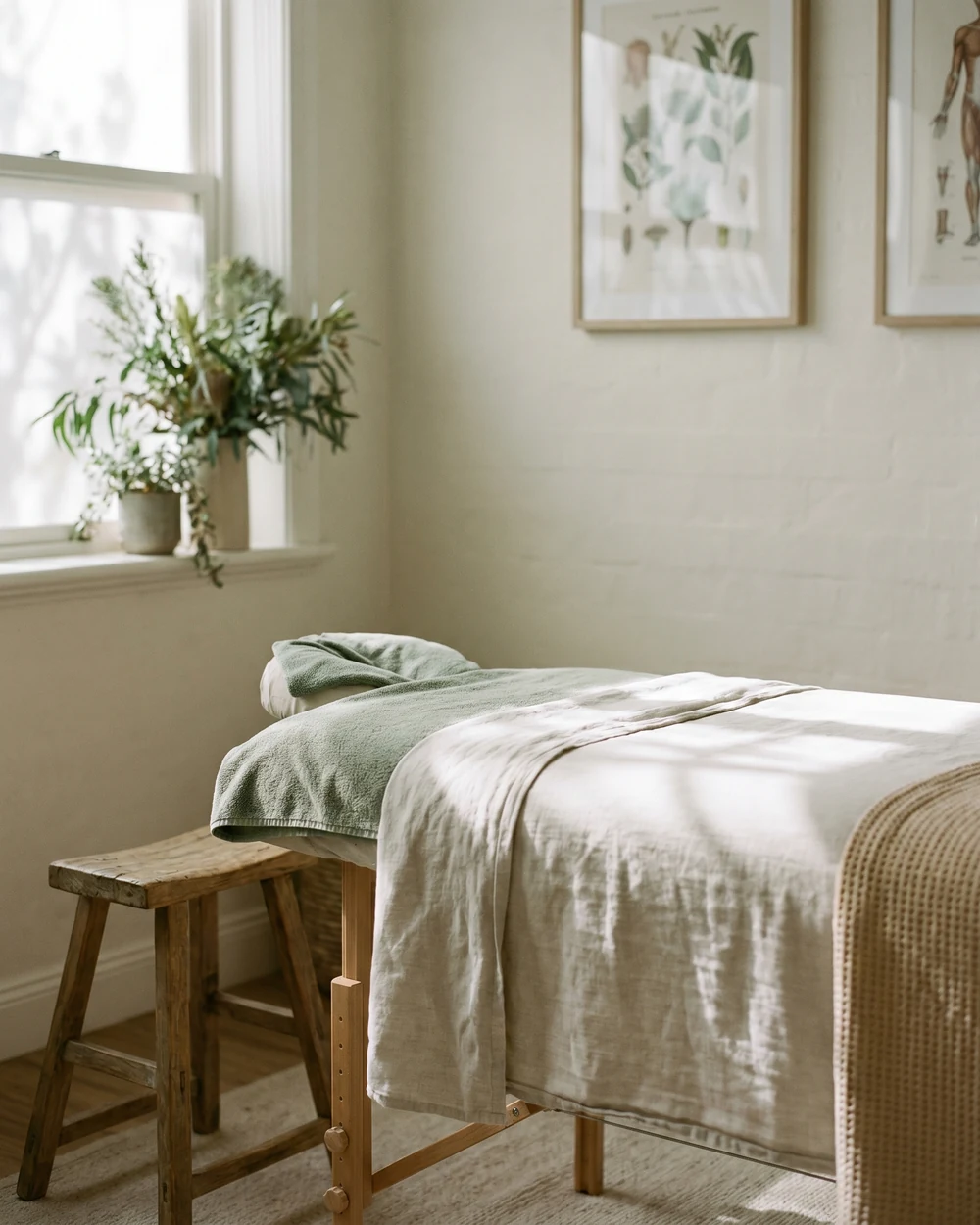 Calm, private physiotherapy treatment room with a linen-draped table and potted greenery